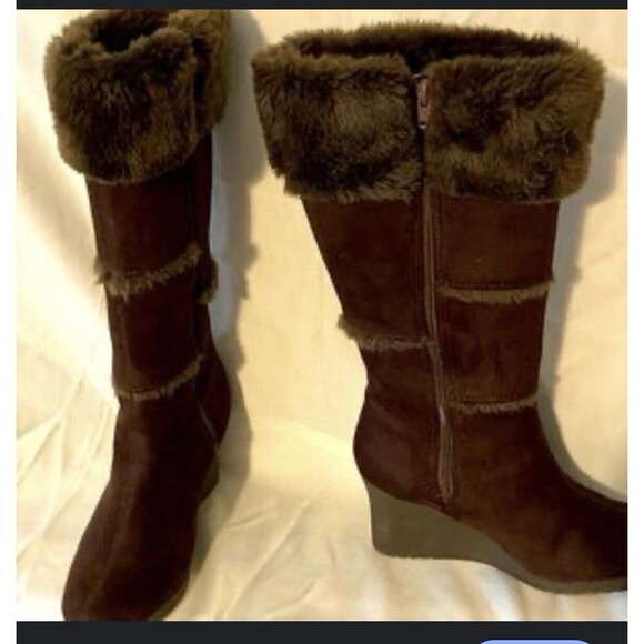 Decree Shoes - Decree Womens Boots 8.5M Knee High Brown Zip Up Round Toe Wedge 3" Heel